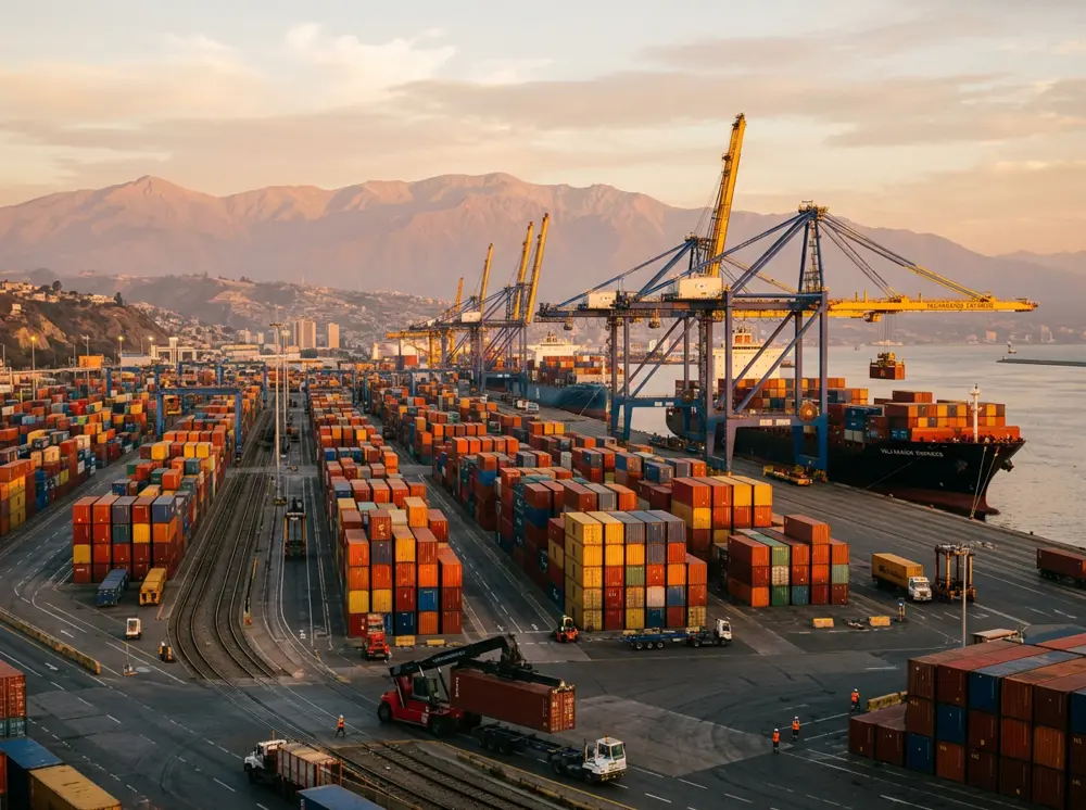 Puerto de contenedores en Latinoamérica al atardecer