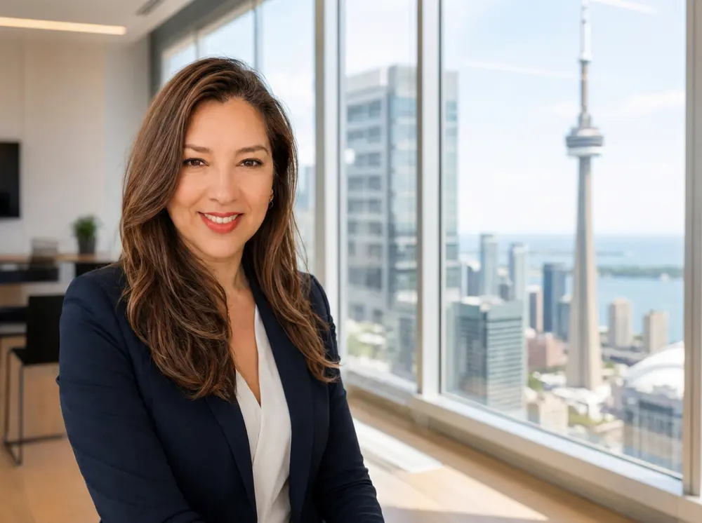 Retrato en la oficina de GTA Global Business Development, con la CN Tower y el skyline de Toronto de fondo